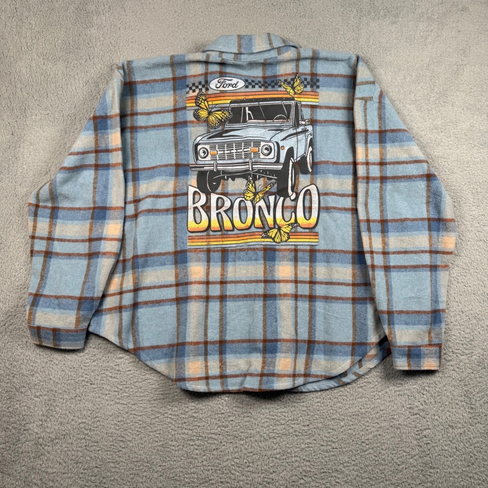 Ford Bronco Plaid Flannel Shacket Womens 2XL Blue Graphic Back Oversized Utility